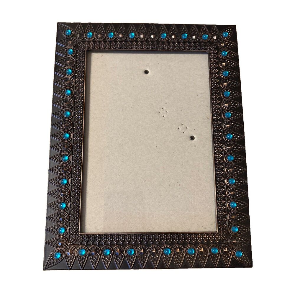 BHG Photo Frame Metal Brown Blue Accents Bohemian 4x6 Portrait Or Landscape